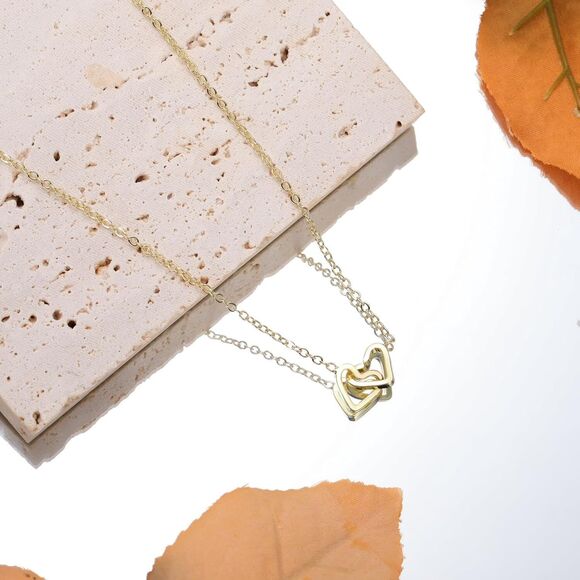 Dainty Double Heart Necklace for Women14K Gold Plated Heart Pendant Gift Girls - Picture 2 of 5